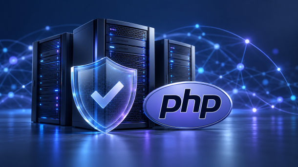 PHP-Logo vor Webservern mit einem Schutzschild als Symbol für Sicherheitsupdates.